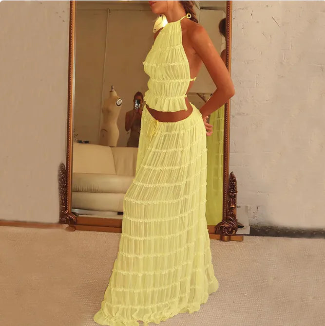 2pcs Women's Dress Suit Sexy Sleeveless Backless Cropped Halter Top And Pleated Long Dress